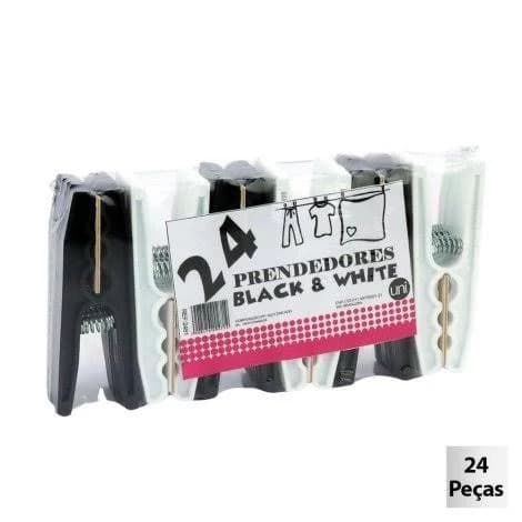 Prendedor de plástico 24 peças 8 cm branco e preto