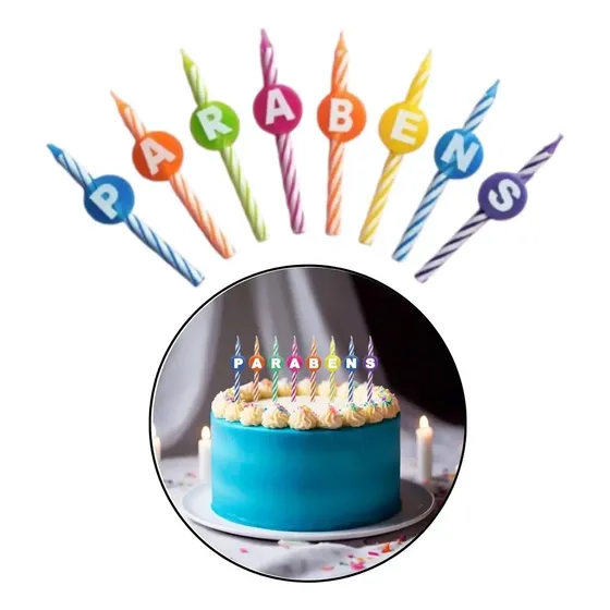 Vela aniversário 8 peças parabéns color