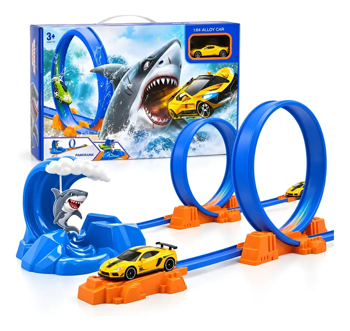 Pista de carrinho tubarão com lançador e looping