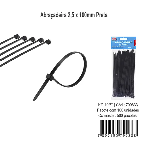 Abraçadeira de plástico preta 2,5 x 100 mm com 100 peças
