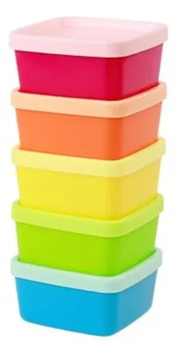 Pote de plástico 5 peças quadrado com tampa colorida