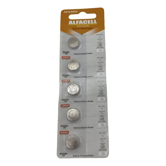 Bateria Botao Alcalina AG13/LR44 1,5V 5 Peças
